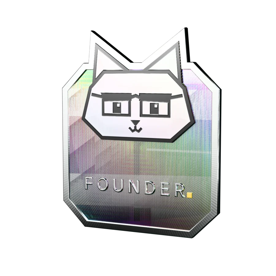 The Founder tag: a chamfered silver tag with Silver looking over its top edge, a holographic face, and FOUNDER lettered across it with a yellow square full stop.