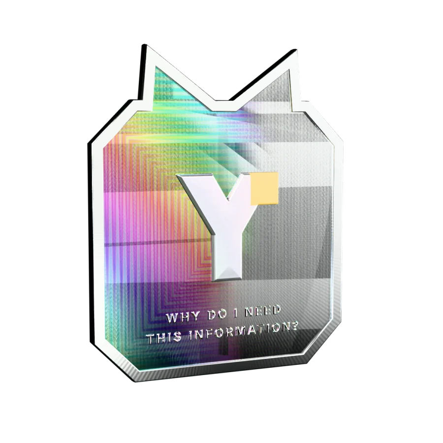 The back of the Founder tag: the Y of the YDOINTI symbol in relief, its yellow square, and “Why do I need this information?” lettered beneath.